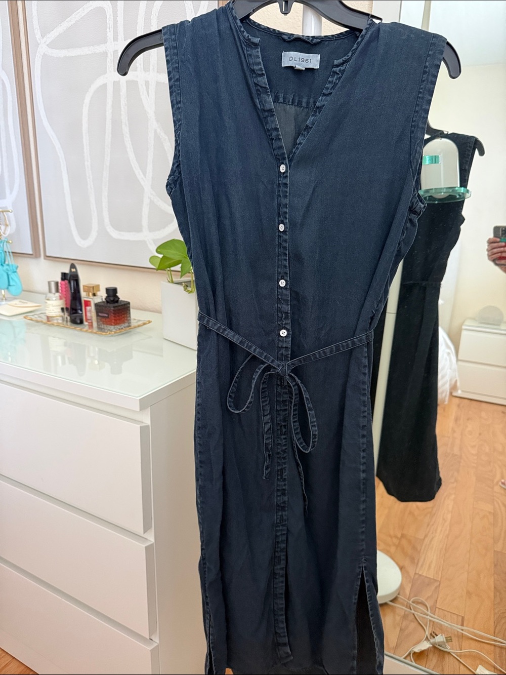 DL1961 Dark Blue Sleeveless Button-Front Denim Midi Dress with Waist Tie